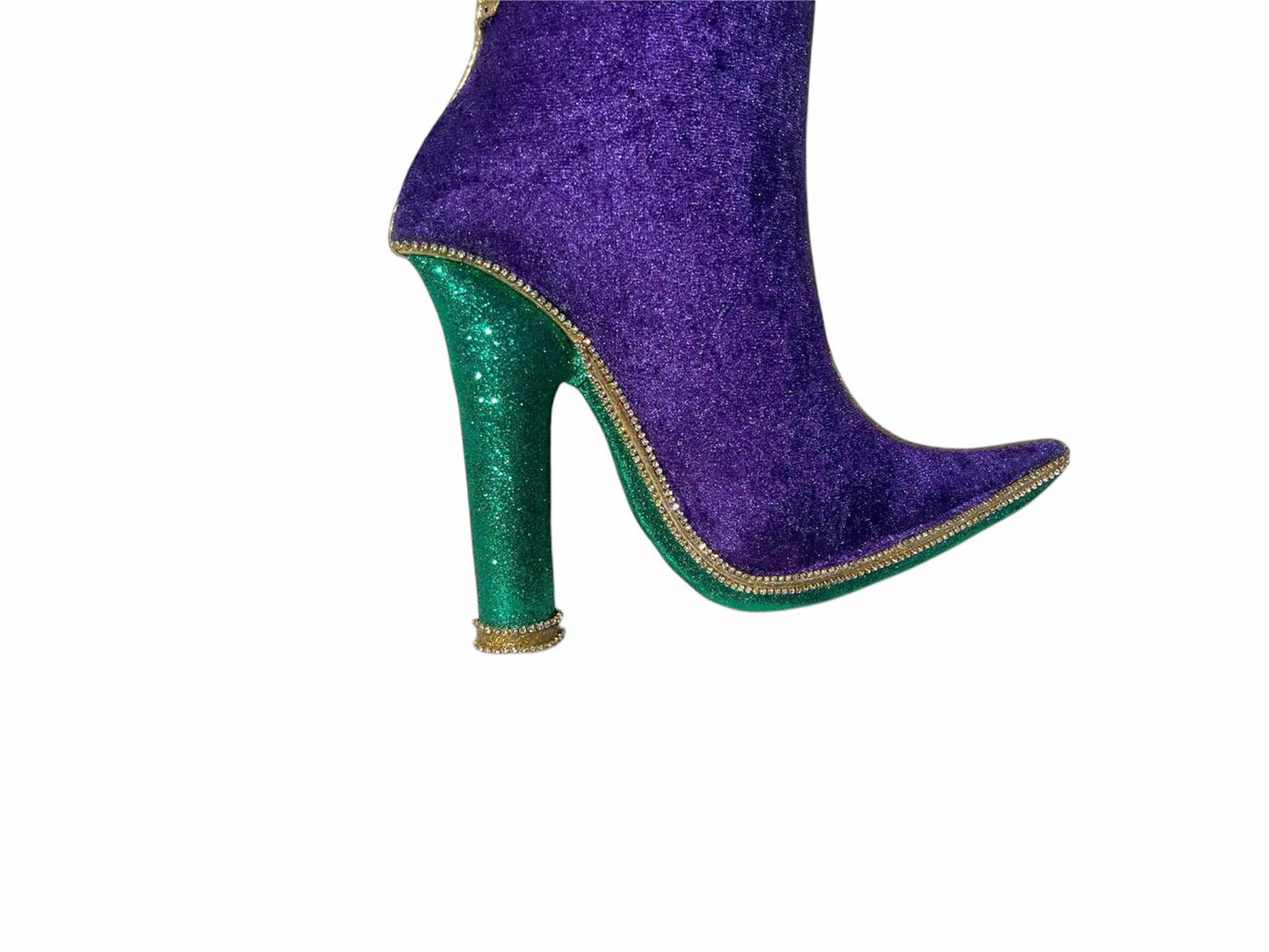 Mardi Gras Bougie Boot Wreath Attachment – Purple & Green Velvet Stiletto with Harlequin Bow