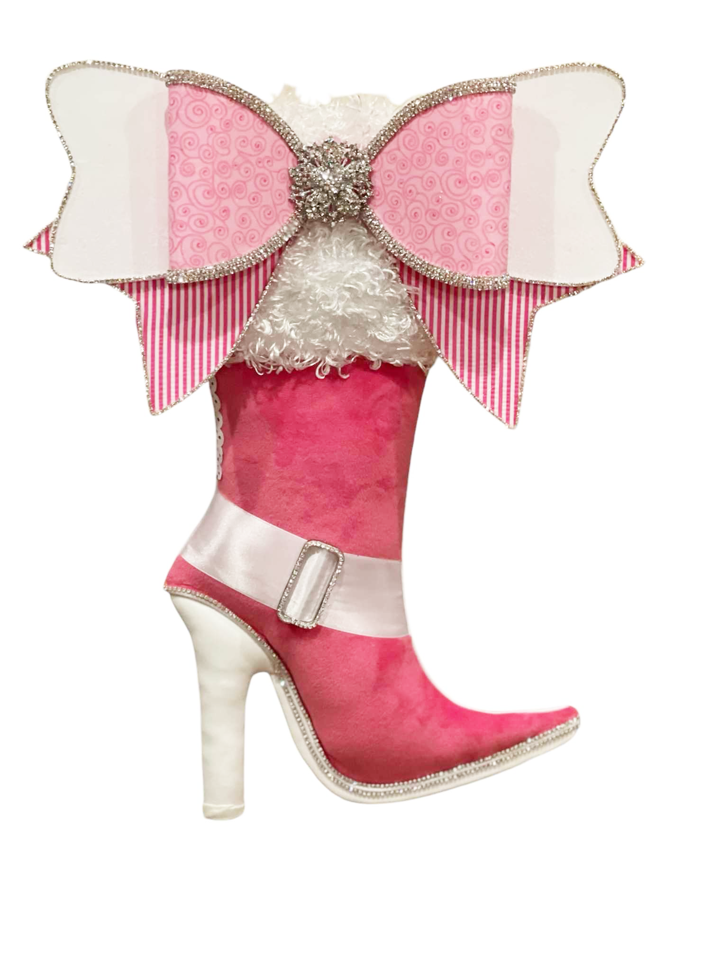 Pink Bougie Boot Wreath Attachment | Glam Christmas Boot Decor with Pink and Silver Bow | Holiday High Heel