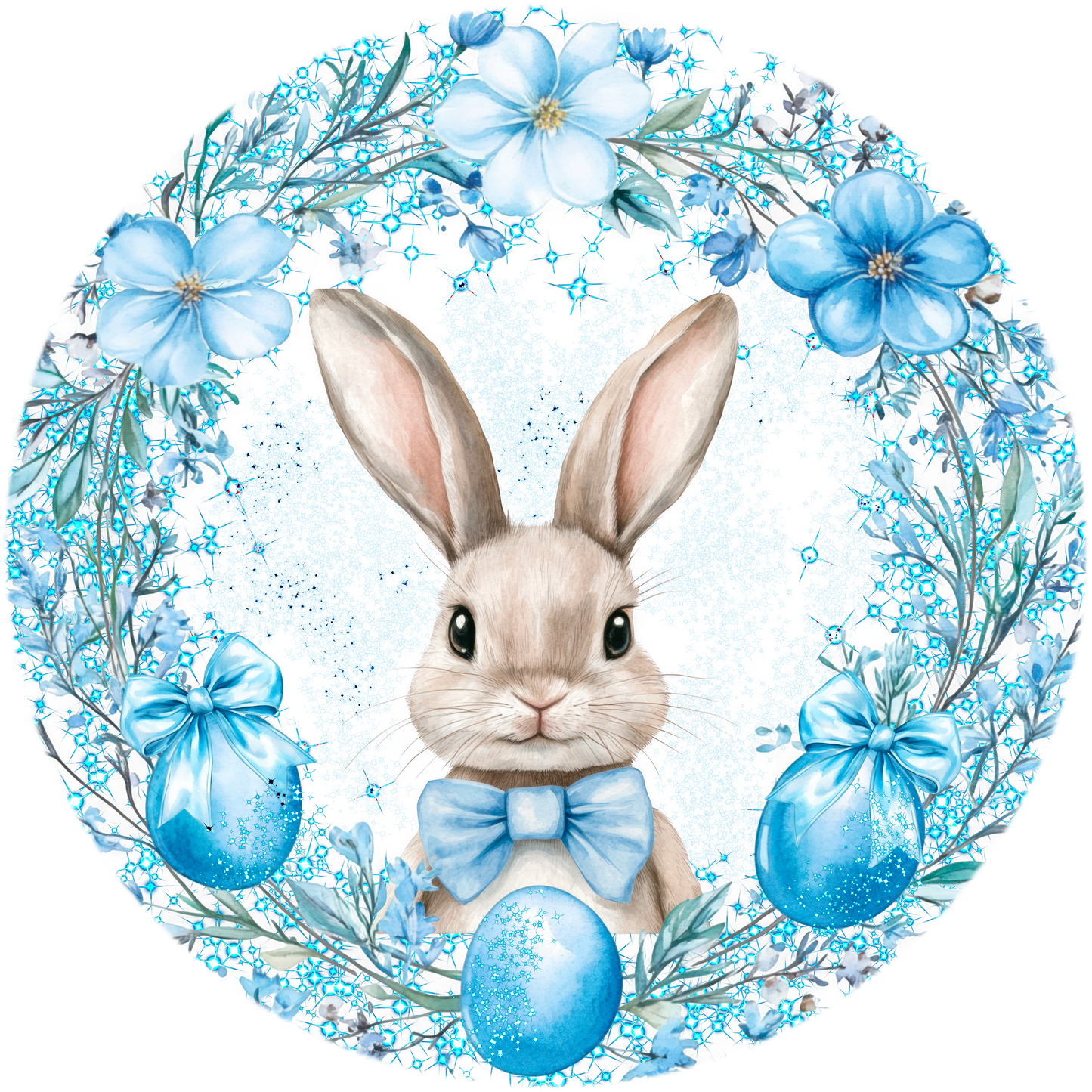 Blue & White Easter Bunny Wreath - Spring Door Decor with Floral & Ribbon Accents
