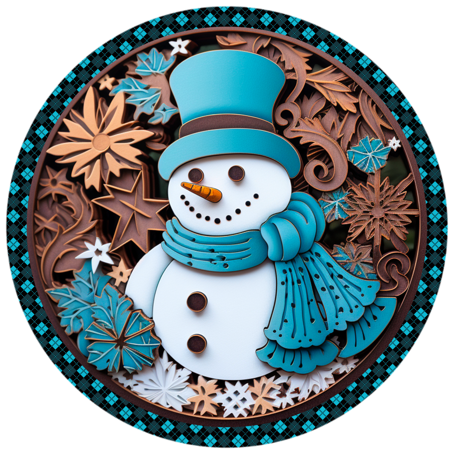 Winter Snowman Wreath Sign - Festive Holiday Decor - Blue and Copper Accents - Christmas Door Plaque - 6", 8", 10" or 11.75" Round