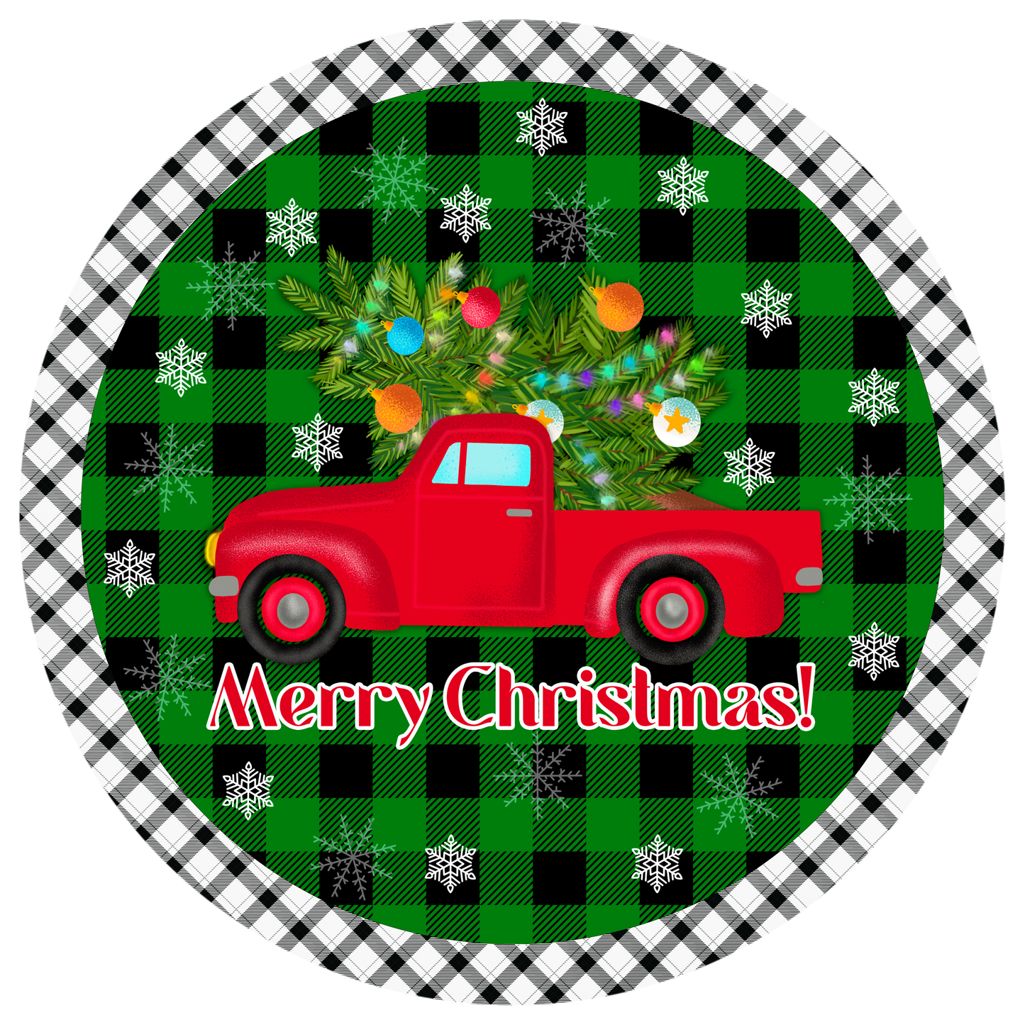 "Merry Christmas" Red Truck Wreath Sign - Festive Holiday Decor - Buffalo Plaid Background - 6”, 8”, 10" or 11.75" Round