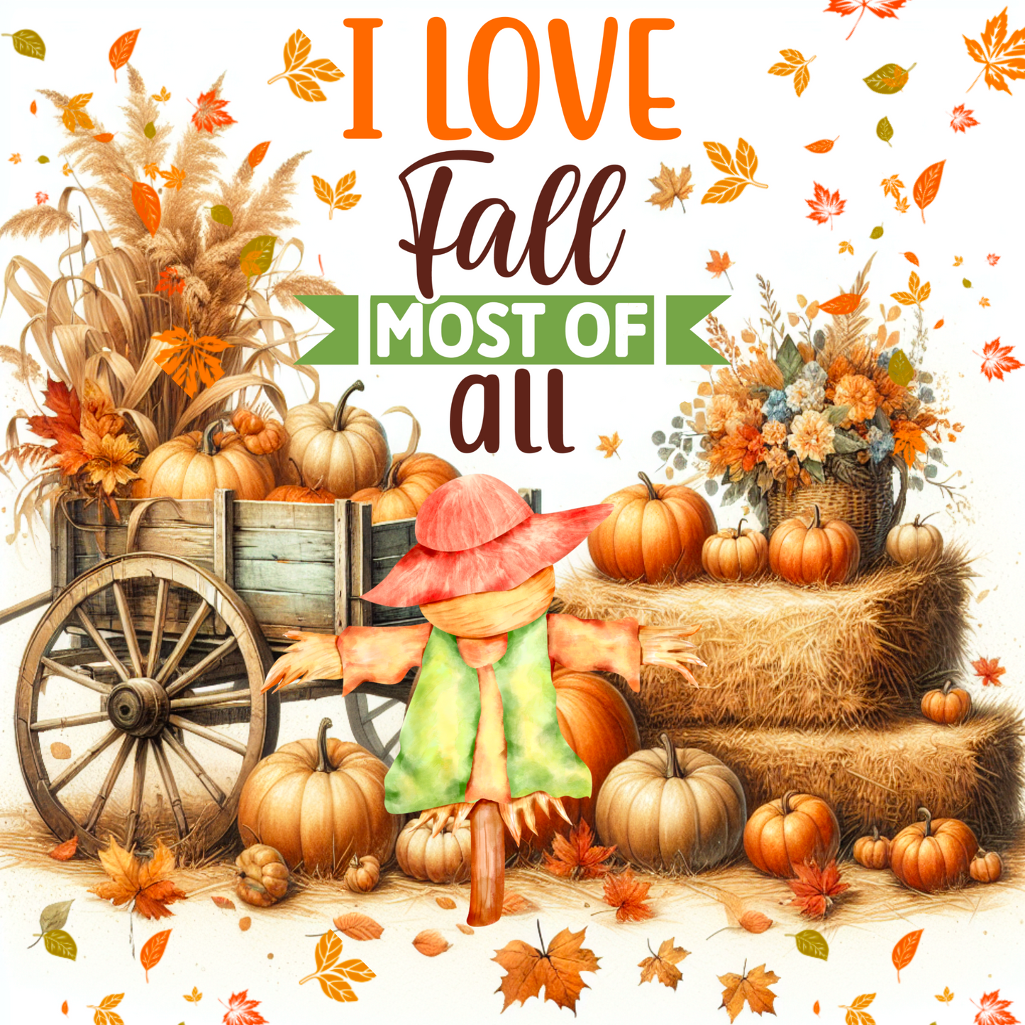 I Love Fall Most of All 10" x 10" Wreath Sign - Rustic Autumn Decor - Pumpkin and Scarecrow Design