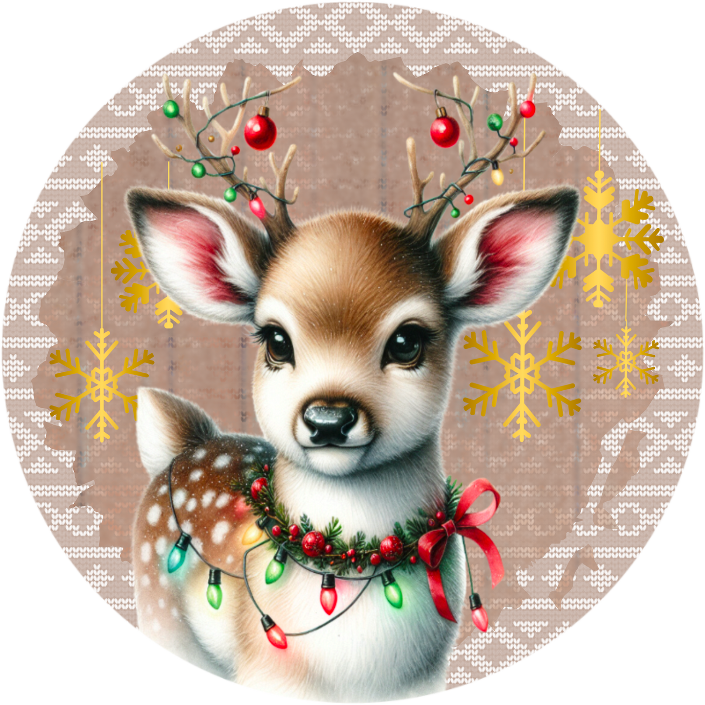 Adorable Reindeer with Christmas Lights Round Wreath Sign - Available in 6", 8", 10" and 11.75" - Festive Holiday Decor