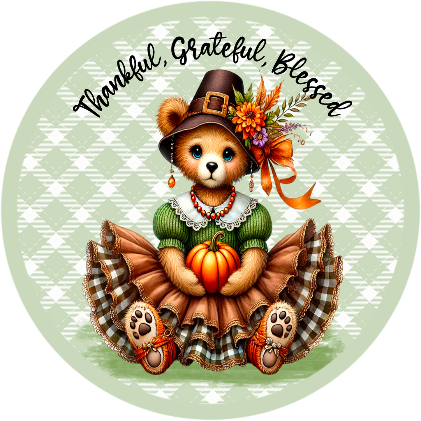 Thankful Grateful Blessed Bear Wreath Sign - Fall Thanksgiving Decor, Metal Sublimated, 6", 8", 10" & 11.75" Sizes