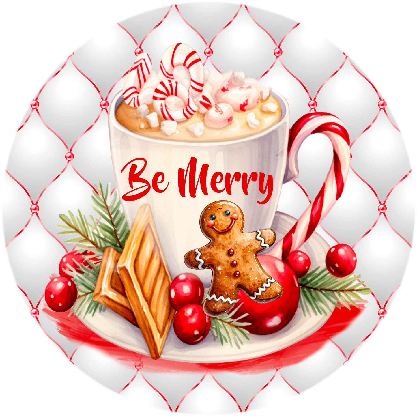 Be Merry Christmas Cocoa Wreath Sign - Round Sublimated Metal Decor, 6", 8", 10" & 11.75" Sizes