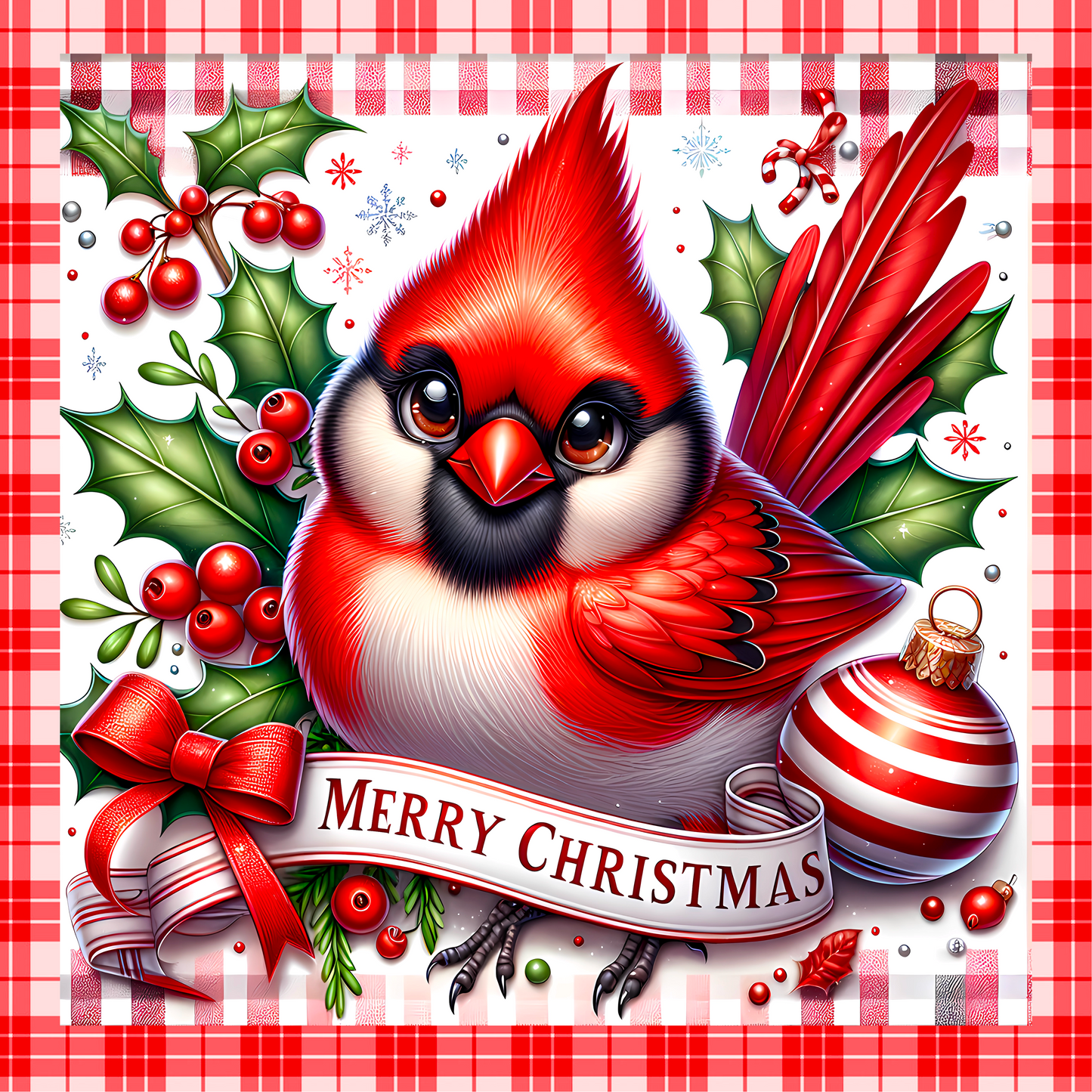 Cardinal Christmas Wreath Sign – 10" Square Festive Red Plaid Holiday Decor, Merry Christmas Wall Art