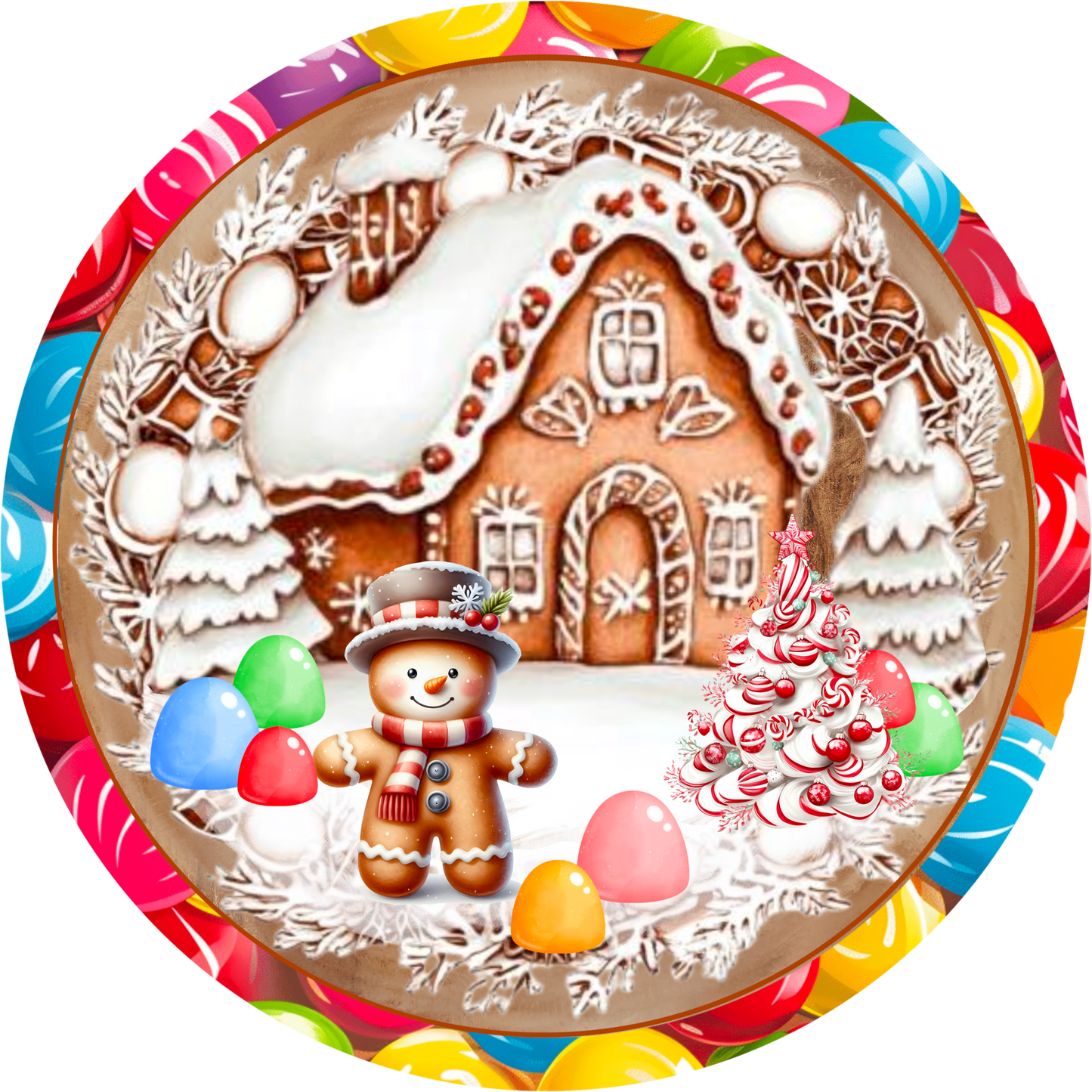 Whimsical Gingerbread House Wreath Sign with Candy Border - Christmas Holiday Decor