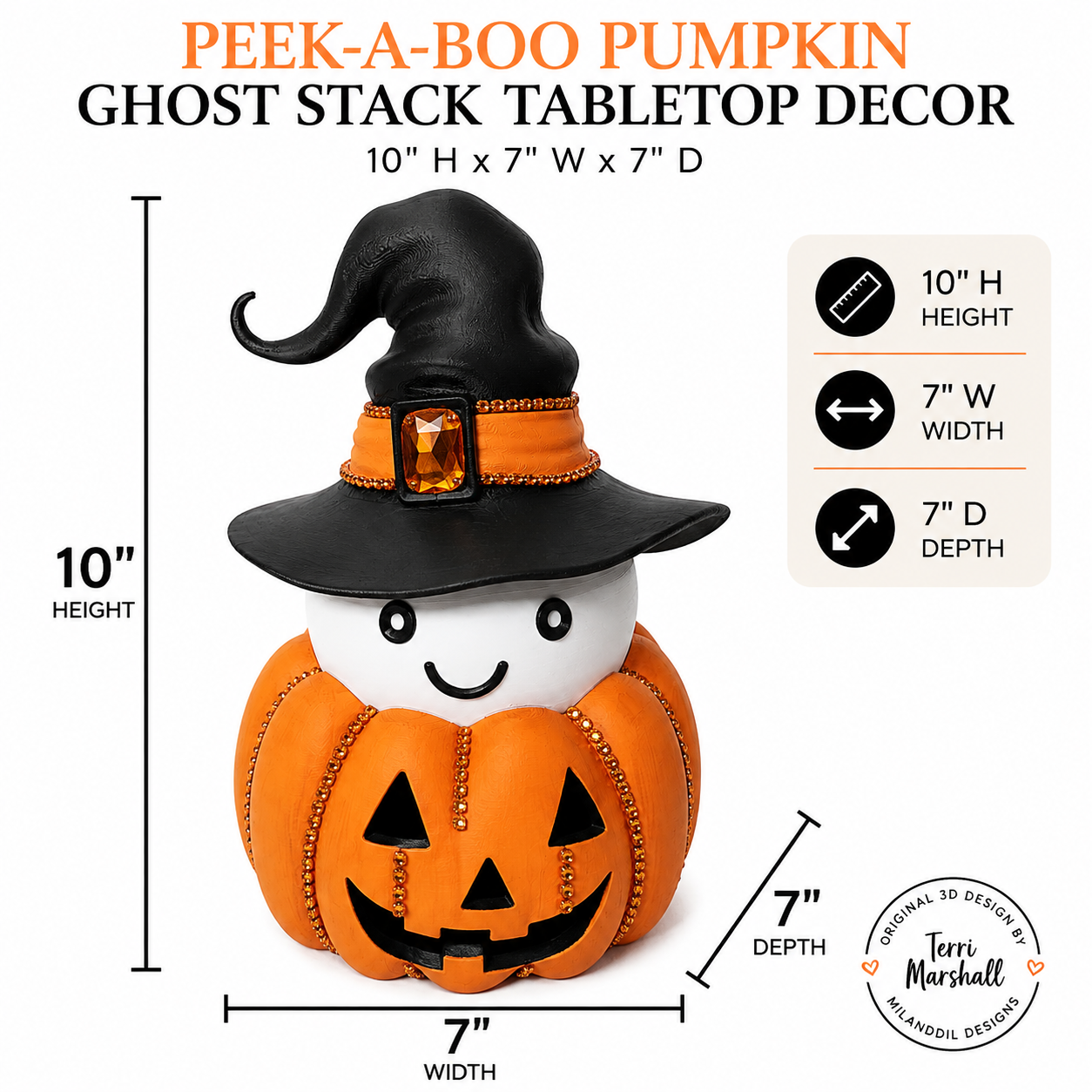 Peek-a-Boo Pumpkin Ghost Stack Tabletop Decor, 10" Halloween Ghost Pumpkin Decor, 3D Printed Shelf & Mantel Decoration, Original Design by Terri Marshall
