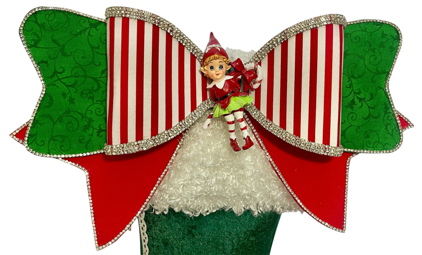 Elf Bougie Boot with Red Glittery Stiletto Heels , Wreath Attachment with sparkling rhinestones, and a designer bow fit for the North Pole runway.