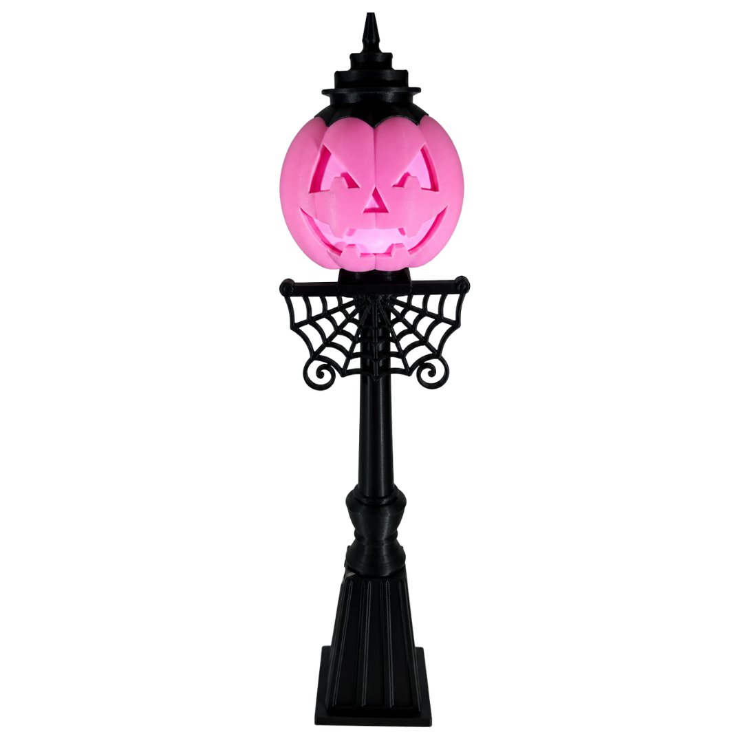 Jack-O-Lantern Pumpkin Lamp Post with Spider Web Accent | Light-Up Halloween Decor
