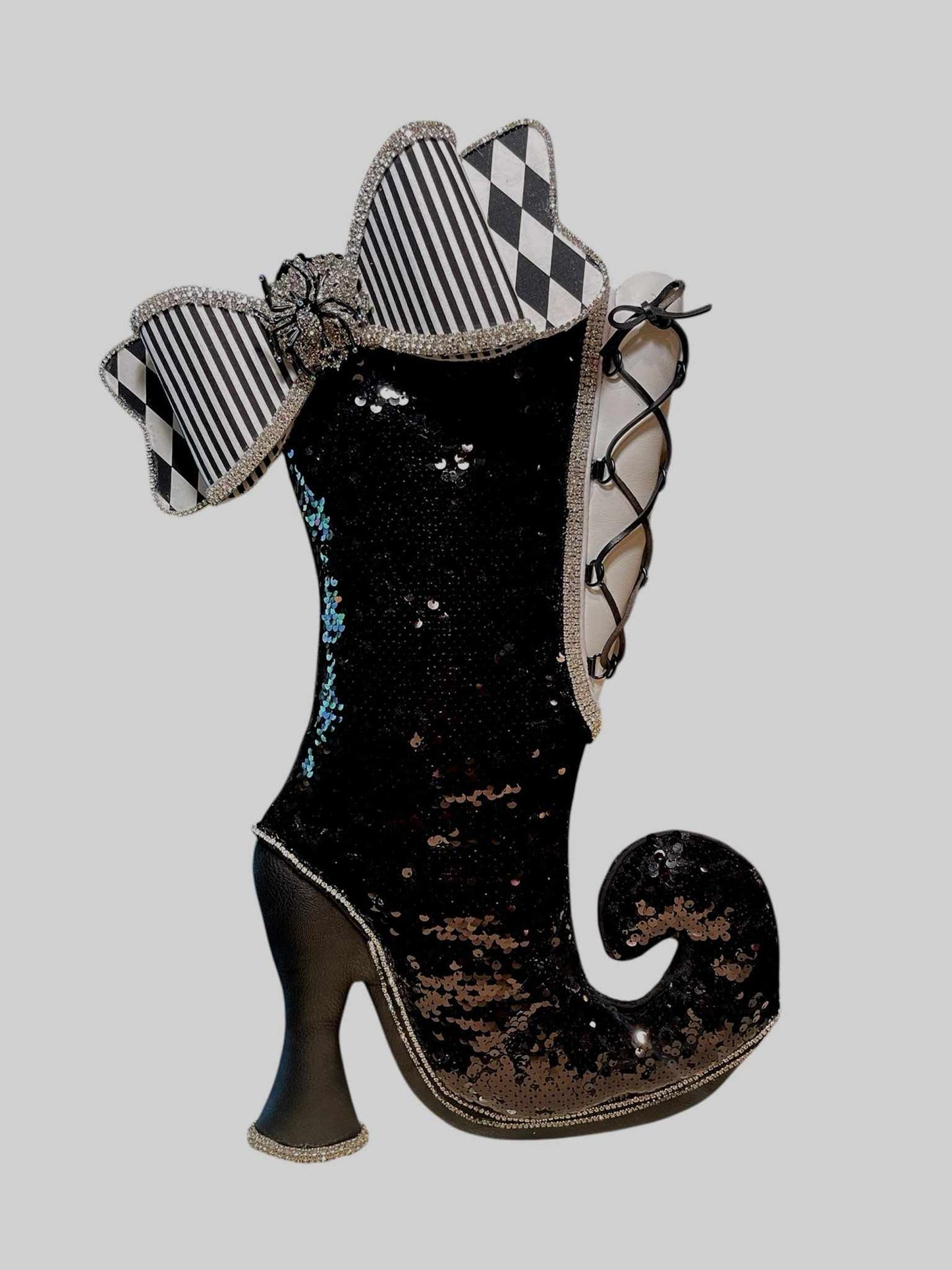 Spooky Glam Black Bougie Boot – Sequin Witch Boot with Lace-Up Detail & Harlequin Bow, Handmade Halloween Decoration