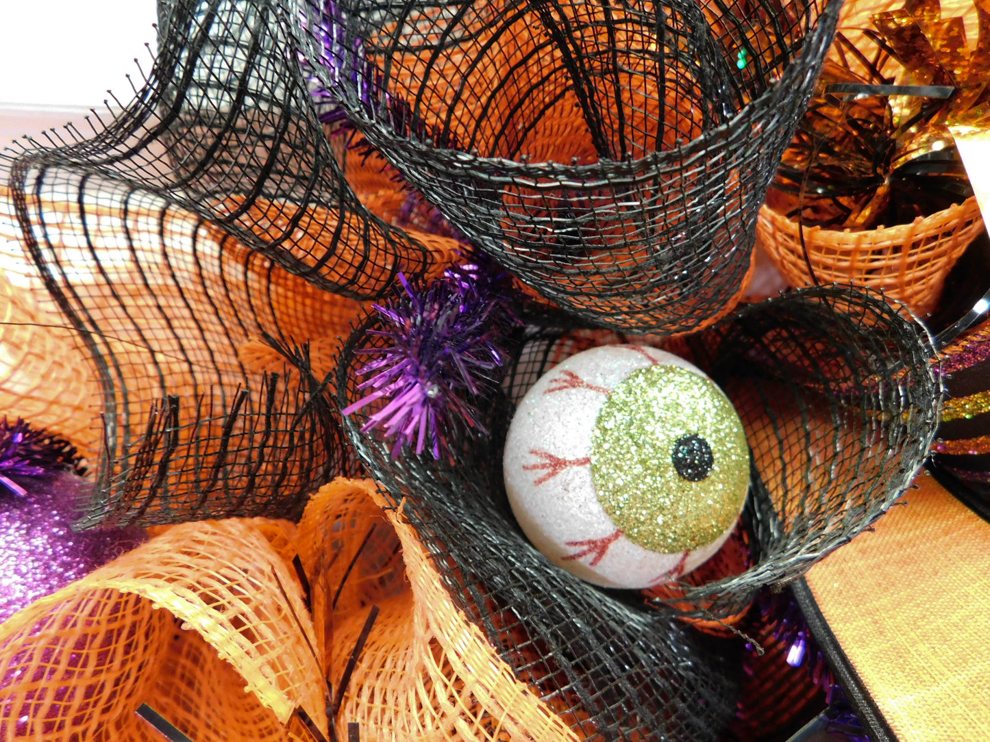 Halloween Bat Deco Mesh Wreath with Purple and Orange Bows - Spooky Door Decor