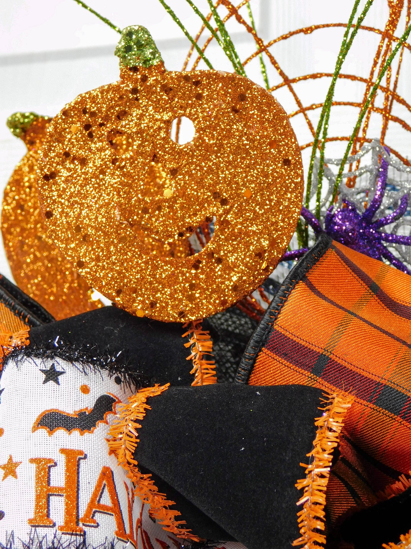 Happy Halloween Black Cat Wreath with Glitter Pumpkins - 28” Deco Mesh Decoe