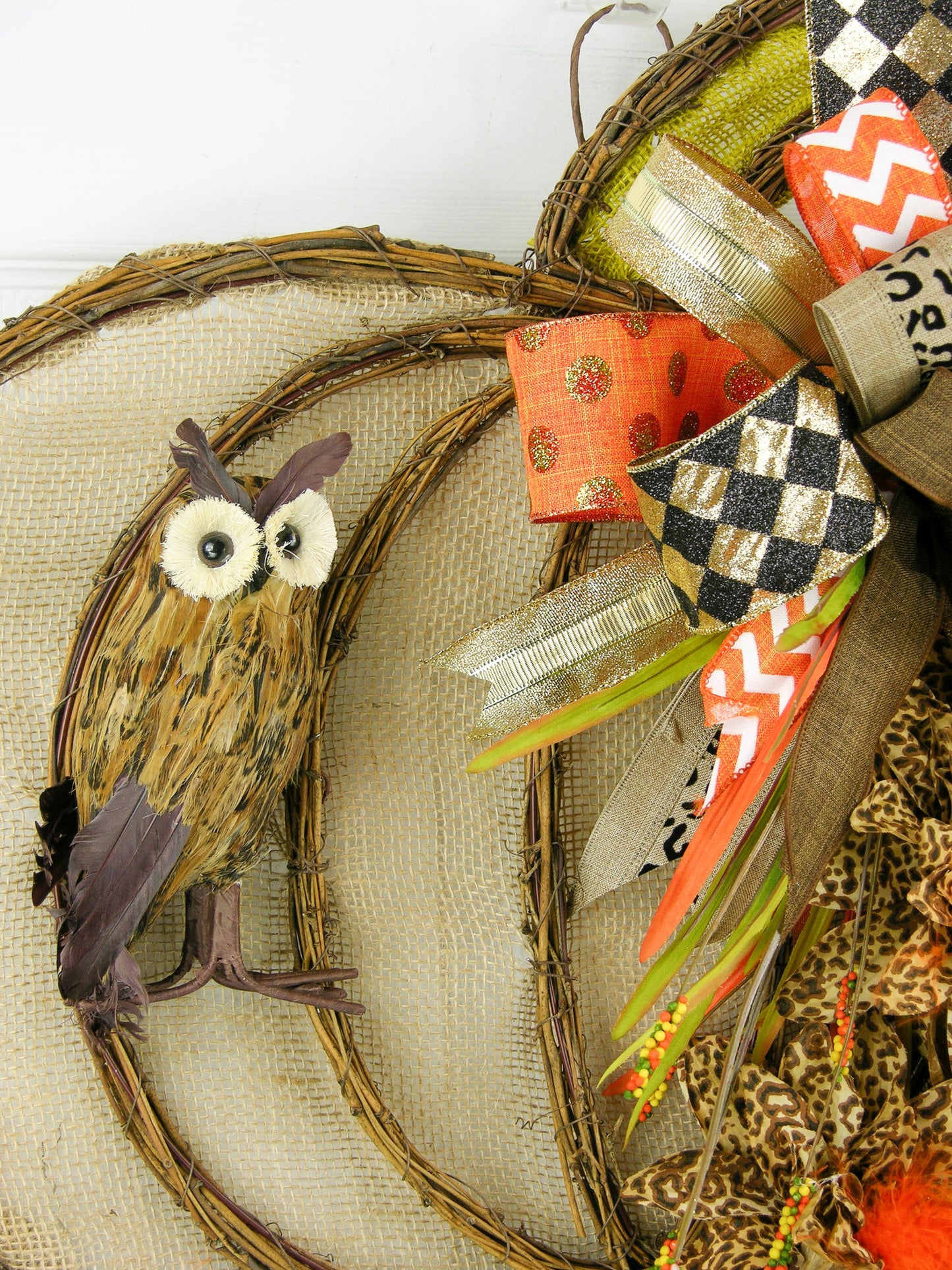 Autumn Owl Grapevine Pumpkin Door Hanger with Fall Bows and Leopard Accents