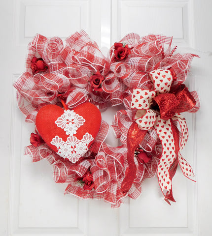 Valentine's Deco Mesh Heart Shaped Wreath - 12in
