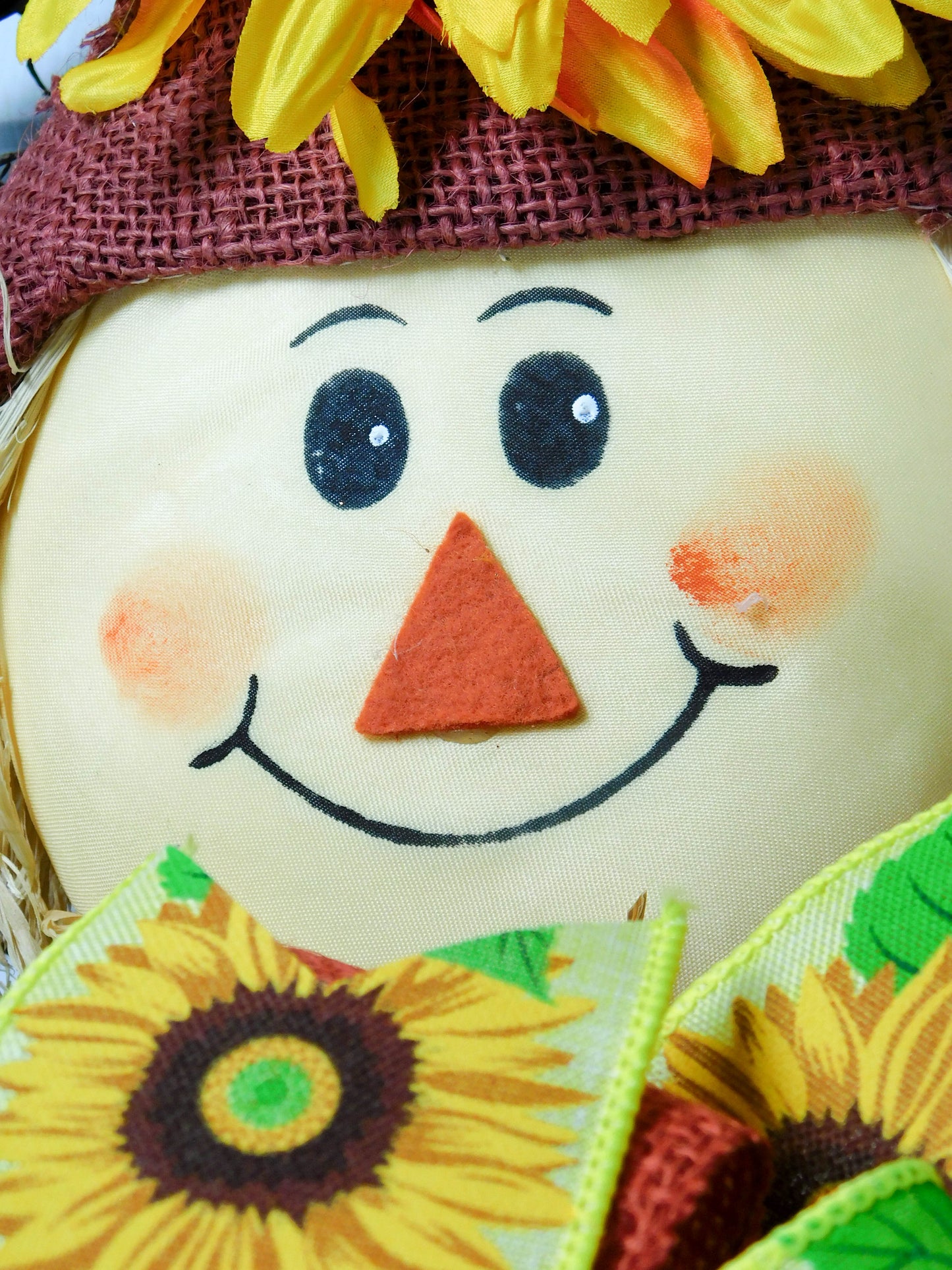Sunflower Scarecrow Fall Wreath with Burlap Bows and Autumn Accents - Harvest Door Decor