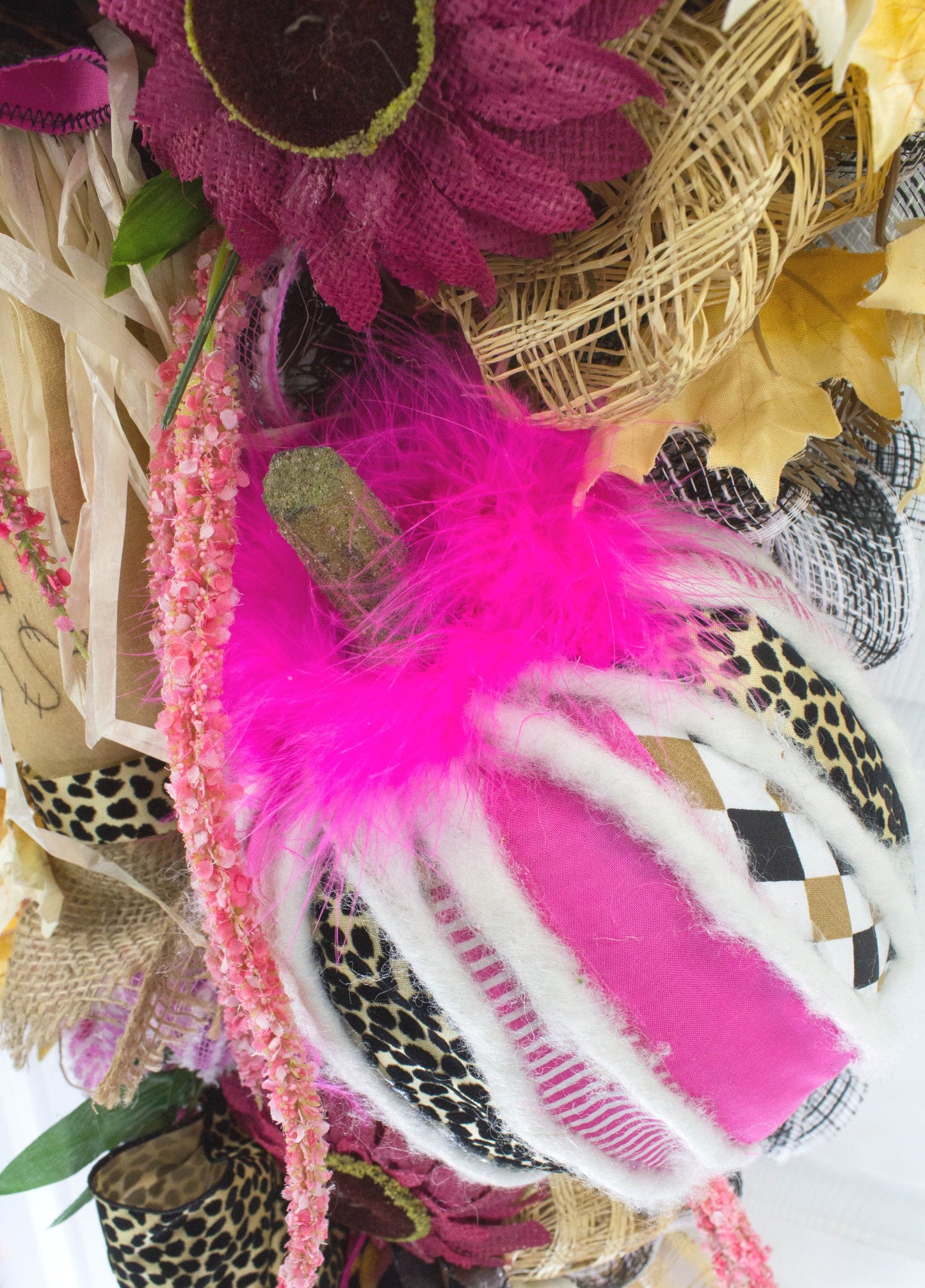 Vibrant Fall Door Swag with Pink and Leopard Accents - Autumn Harvest Scarecrow Decoration