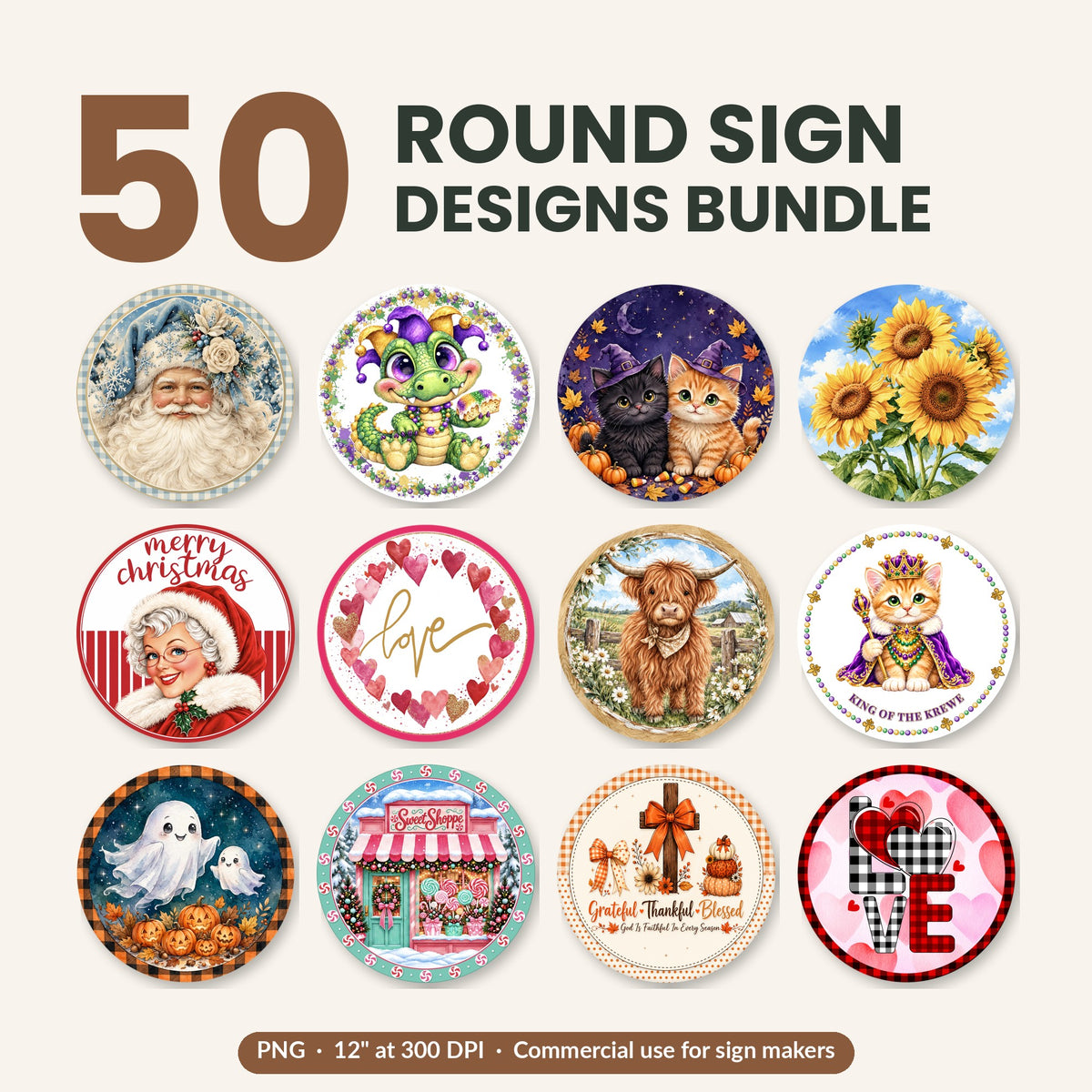 50 Round Wreath Sign Designs Bundle – Digital Download PNG
