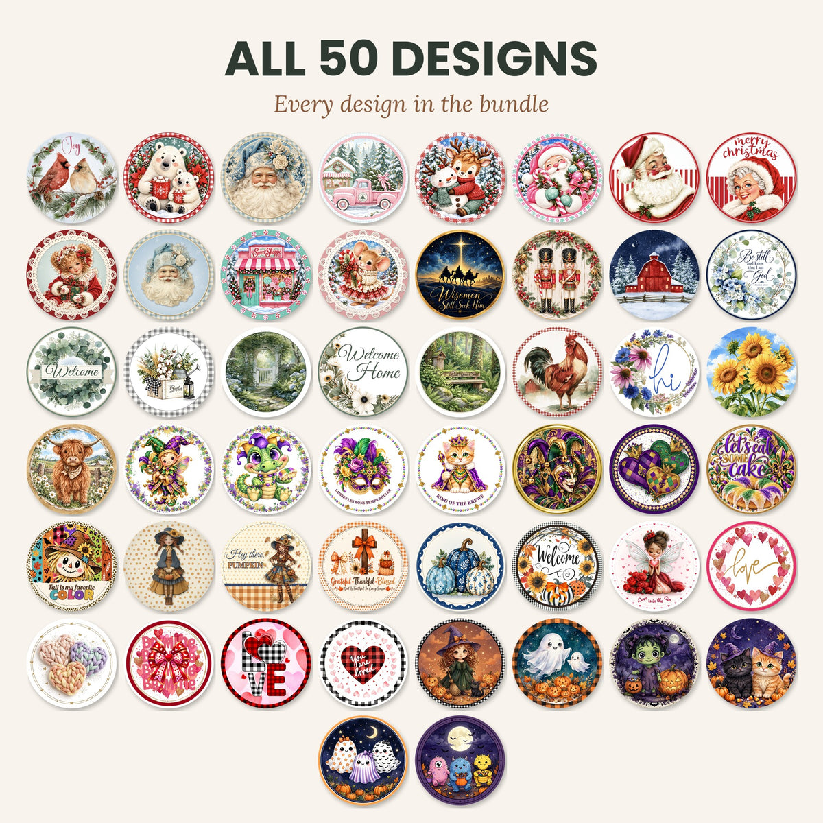 50 Round Wreath Sign Designs Bundle – Digital Download PNG