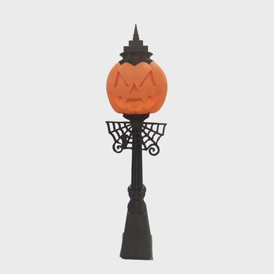 Jack-O-Lantern Pumpkin Lamp Post with Spider Web Accent | Light-Up Halloween Decor