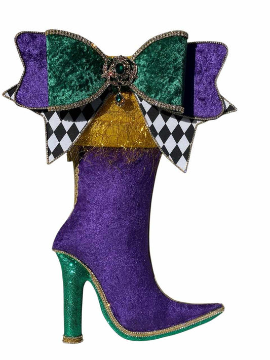 Mardi Gras Bougie Boot Wreath Attachment – Purple & Green Velvet Stiletto with Harlequin Bow
