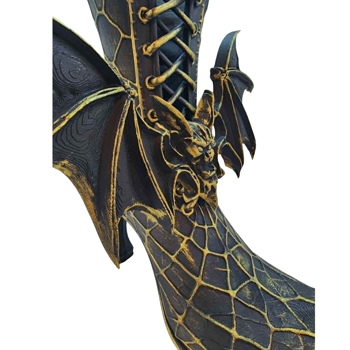 Gothic Witch Boot Vase with Bat Wings — Hand-Painted Halloween Vase Container