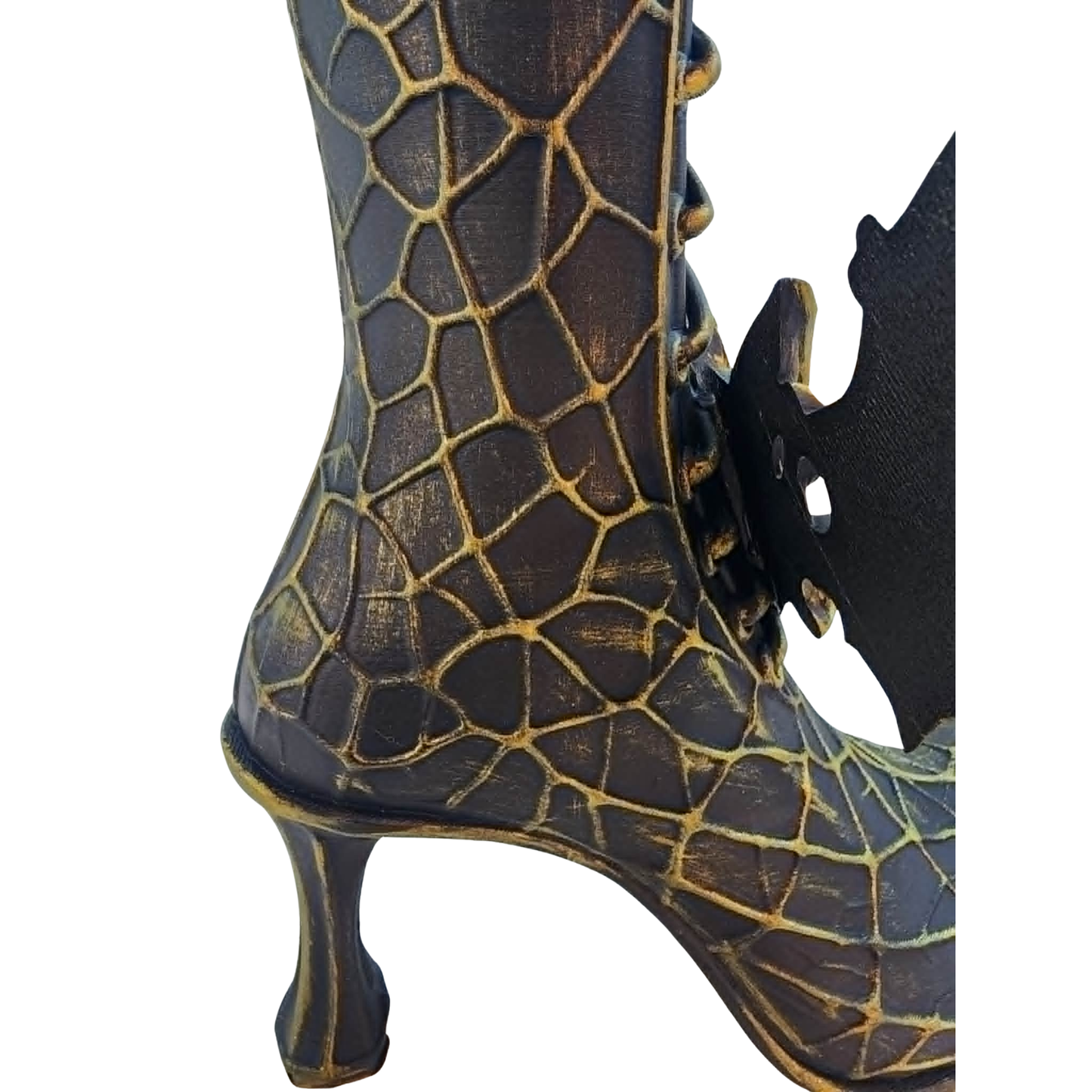 Gothic Witch Boot Vase with Bat Wings — Hand-Painted Halloween Vase Container