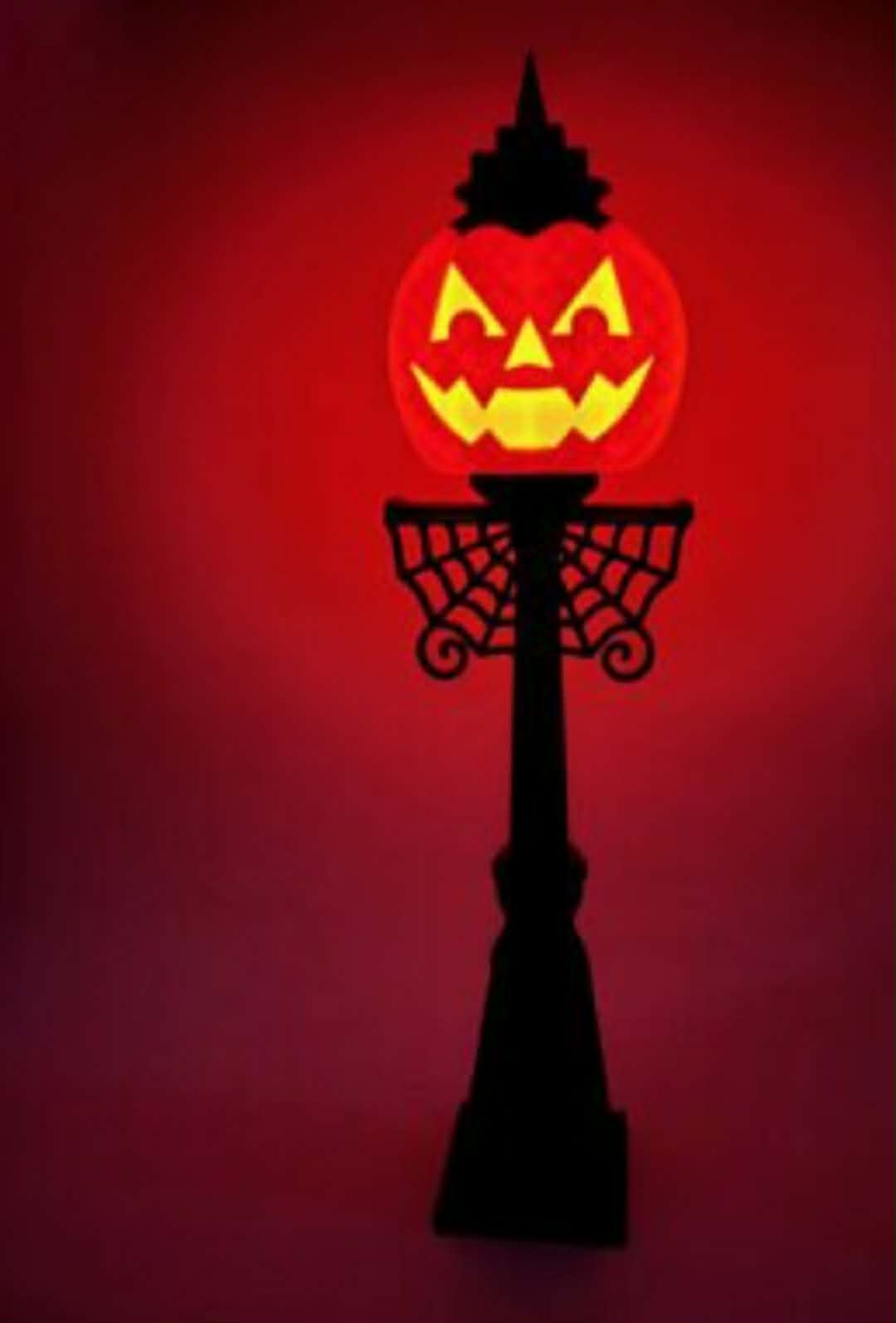 Jack-O-Lantern Pumpkin Lamp Post with Spider Web Accent | Light-Up Halloween Decor