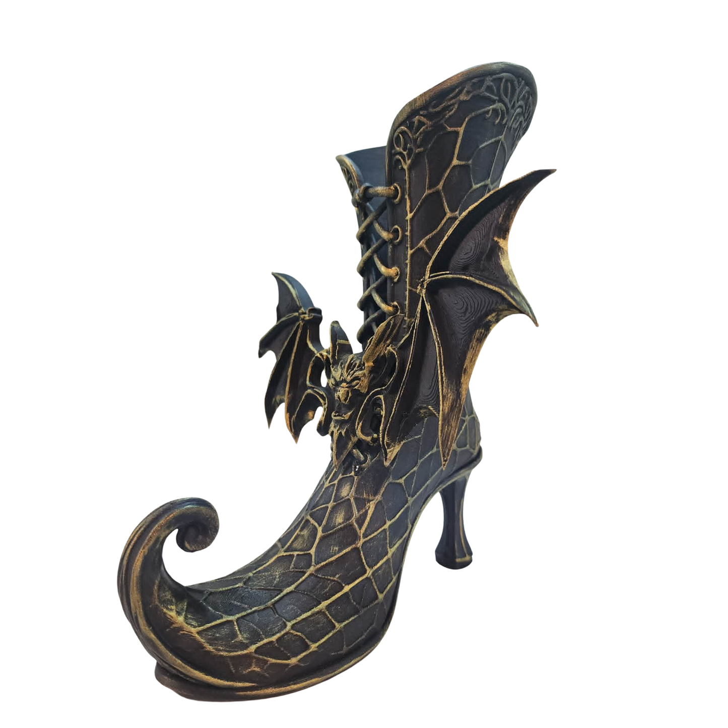 Gothic Witch Boot Vase with Bat Wings — Hand-Painted Halloween Vase Container