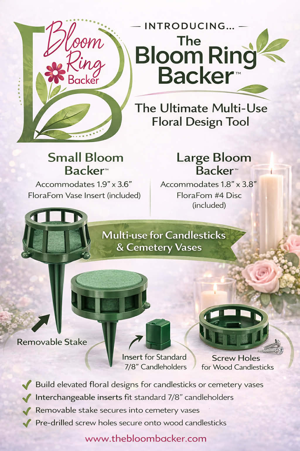 The Bloom Ring Backer™  Interchangeable Floral Ring System for Candles, Memorial Cones & Event Designs