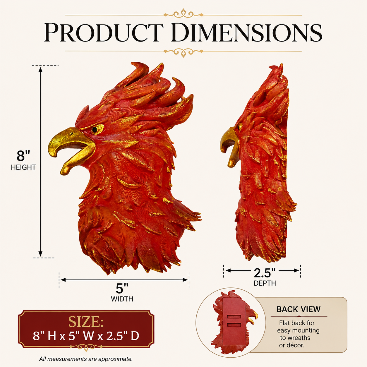 Left-Facing Phoenix Head Wreath Attachment - 3D Printed and Hand Painted with Built in Zip Tie Channels