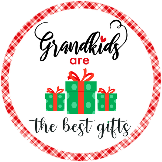Grandkids Are the Best Gifts - Festive Metal Sign | Christmas Gift for Grandparents | Holiday Decor with Red Plaid Border and Presents