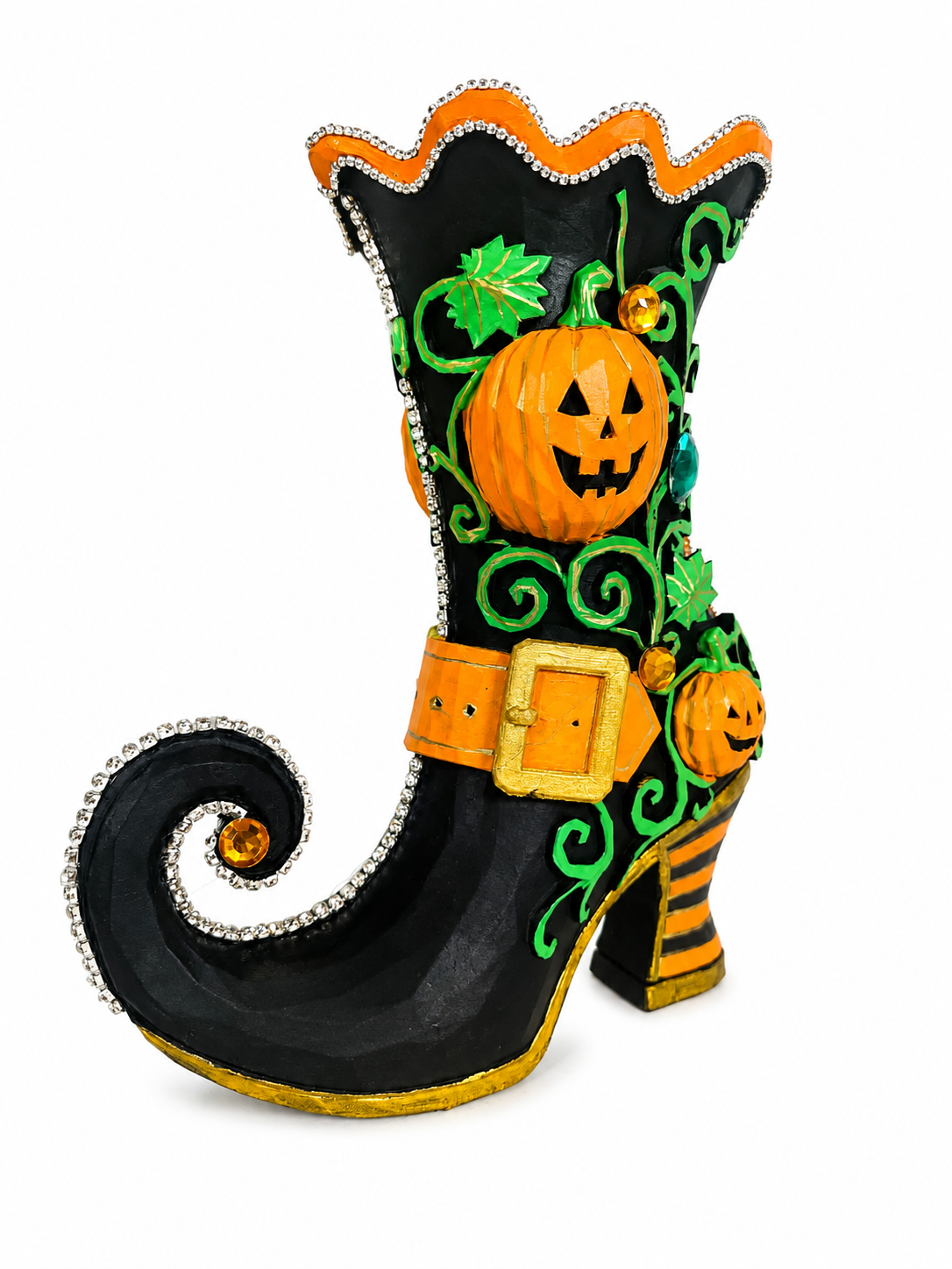 Pumpkin Hollow Witch Boot | Hand-Painted Bedazzled Halloween Floral Container – First Release, Only 10 Available