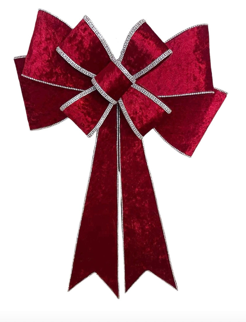 Luxury Velvet Holiday Bow with Rhinestone Trim and Detachable Tails – Perfect for Wreaths, Chair Backs, and Tree Toppers