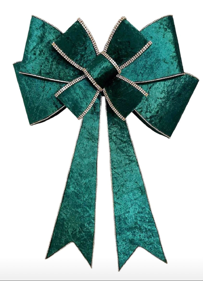 Luxury Velvet Holiday Bow with Rhinestone Trim and Detachable Tails – Perfect for Wreaths, Chair Backs, and Tree Toppers