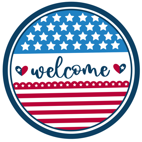 Welcome Hearts Stars & Stripes Round Metal Wreath Sign