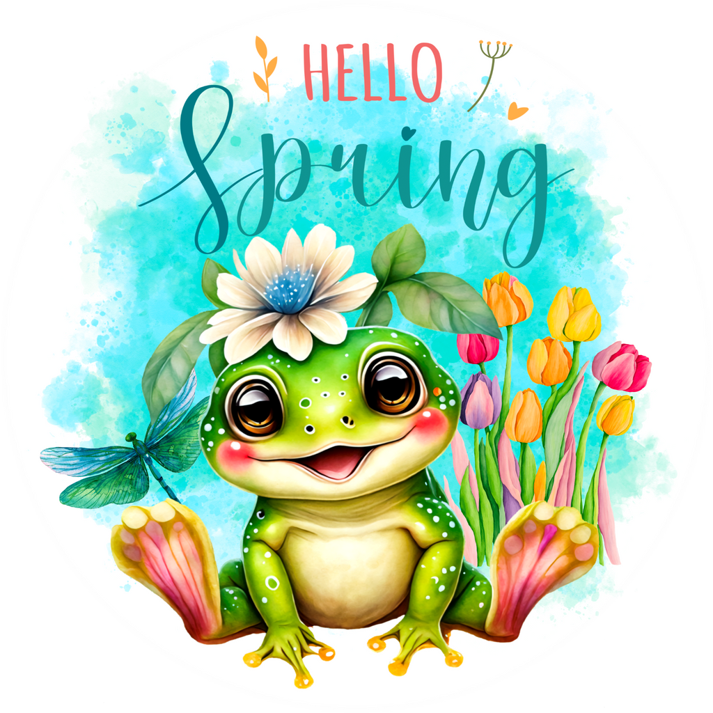 Froggy Hello Spring Round Metal Wreath Sign with Dragonfly and Tulips