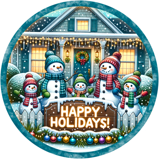 Happy Holidays Snowman Family Wreath Sign - Round Sublimated Metal Christmas Decor, Available in 6", 8", 10" & 11.75"