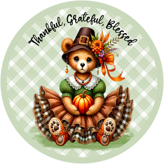 Thankful Grateful Blessed Bear Wreath Sign - Fall Thanksgiving Decor, Metal Sublimated, 6", 8", 10" & 11.75" Sizes