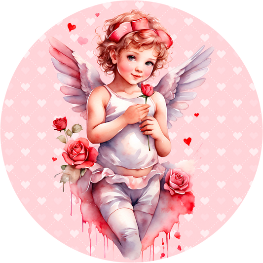 Valentine’s Day Angel Metal Sign – 6", 8", 10'' or 11.75'' Round, Romantic Roses & Pink Heart Design