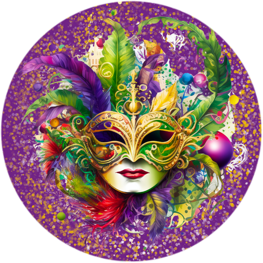 Glitter Mardi Gras Mask Metal Sign - 6", 8", 10” & 11.75” Round Carnival Wall Art