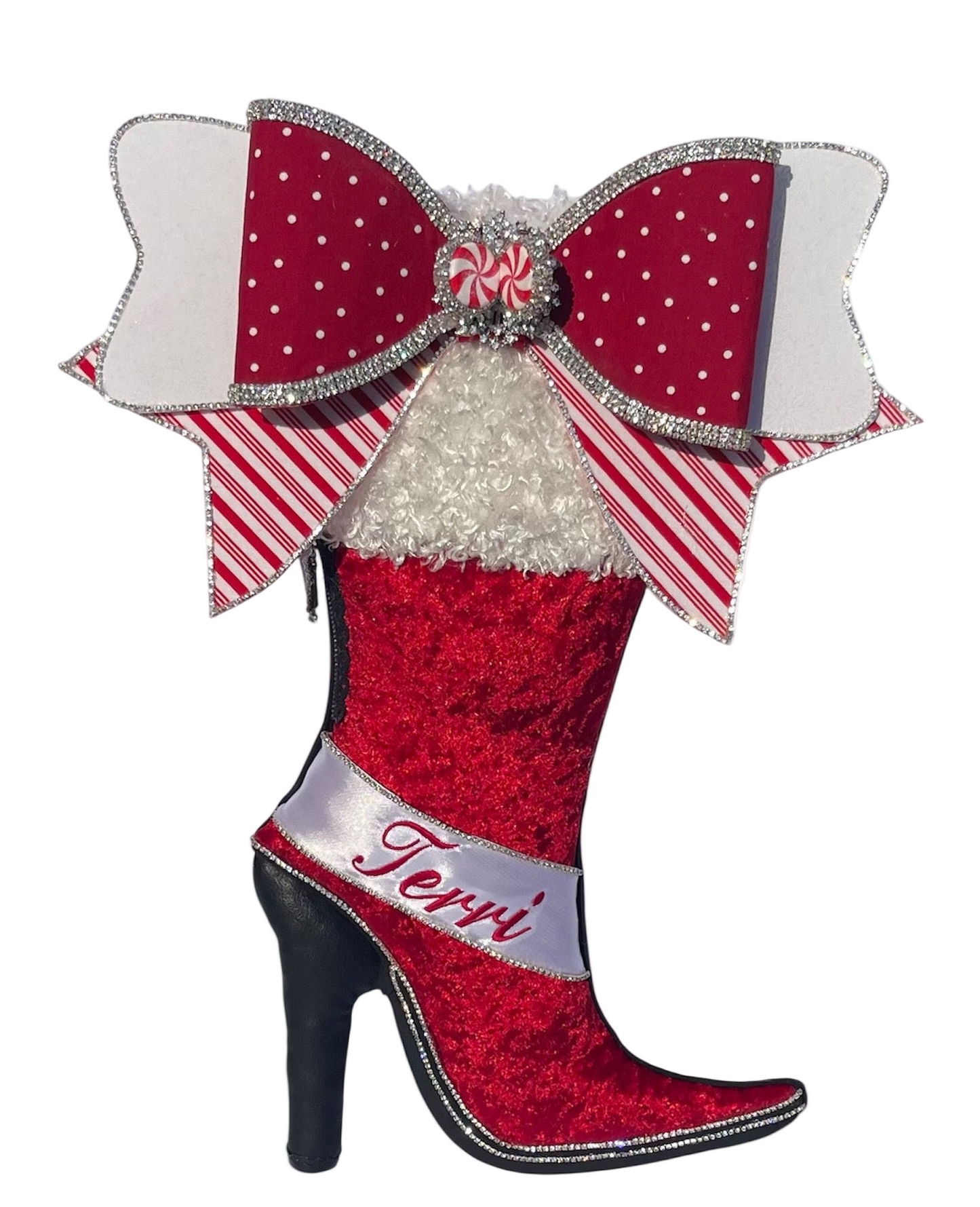 Peppermint-Inspired Stiletto Boot Wreath Attachment | Red Velvet with Candy Bow | Festive Holiday Decor