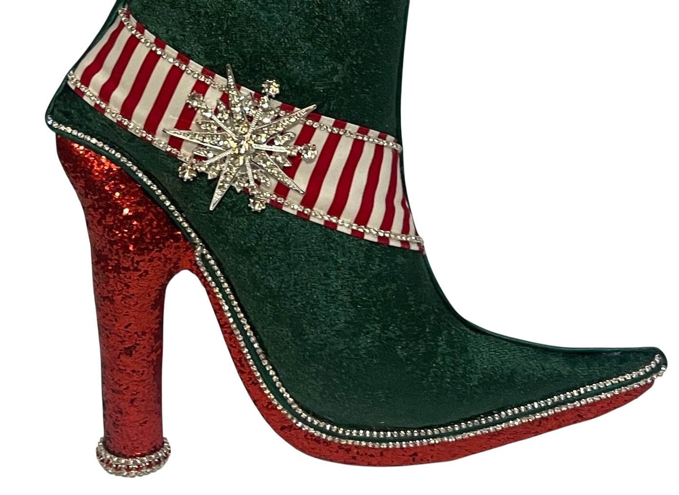 Elf Bougie Boot with Red Glittery Stiletto Heels ,  Wreath Attachment with sparkling rhinestones, and a designer bow fit for the North Pole runway.