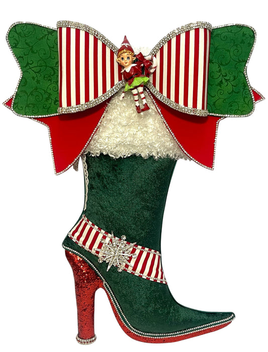 Elf Bougie Boot with Red Glittery Stiletto Heels ,  Wreath Attachment with sparkling rhinestones, and a designer bow fit for the North Pole runway.