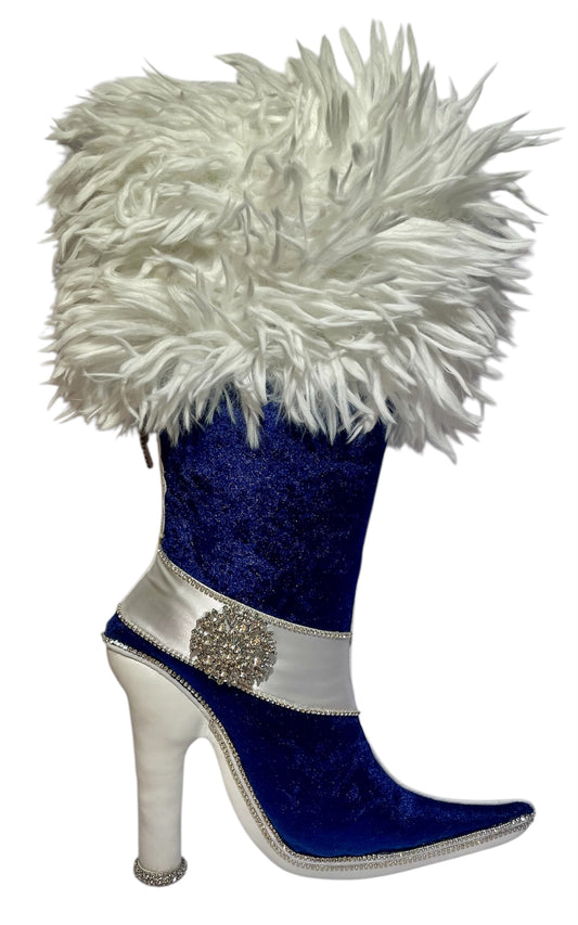 Bougie Winter Wonderland White Furry  Deep Blue Velvet Stiletto Boot Wreath Attachment