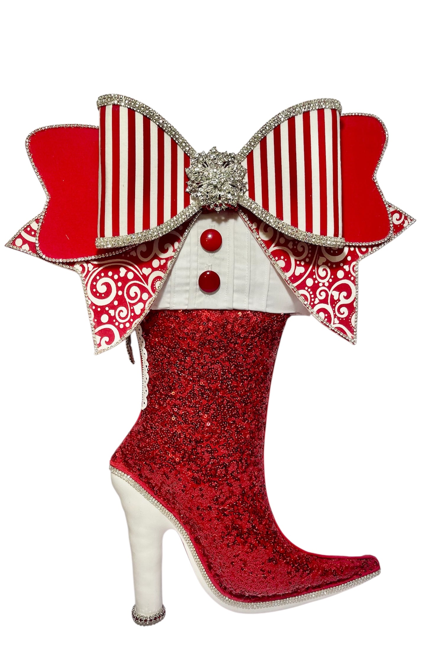 Red Tuxedo Bougie Boot Wreath Attachment – Glitter High Heel with Designer Bow