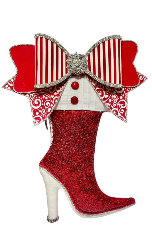 Red Tuxedo Bougie Boot Wreath Attachment – Glitter High Heel with Designer Bow