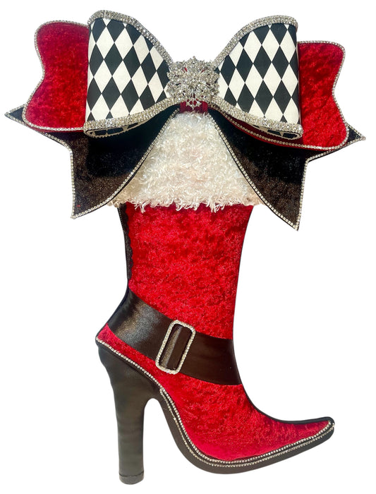 Santa Belt-Inspired Stiletto Boot Wreath Attachment/Red-Black Velvet Bow With Harlequin Feature Bow/ Holiday Door Decor
