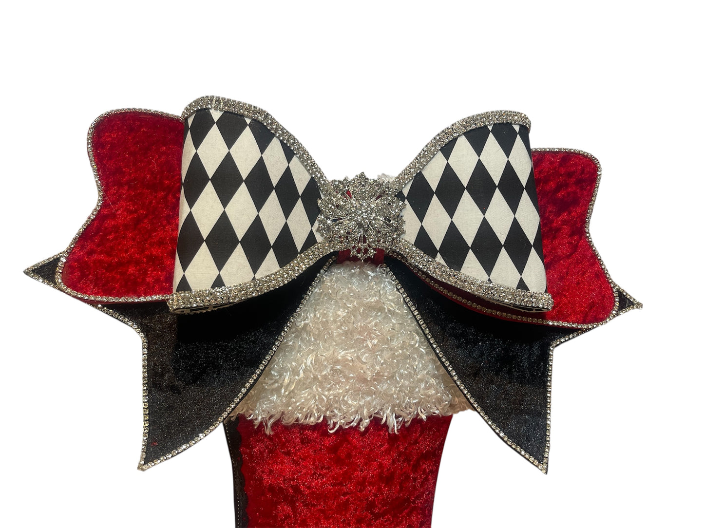 Santa Belt-Inspired Stiletto Boot Wreath Attachment/Red-Black Velvet Bow With Harlequin Feature Bow/ Holiday Door Decor