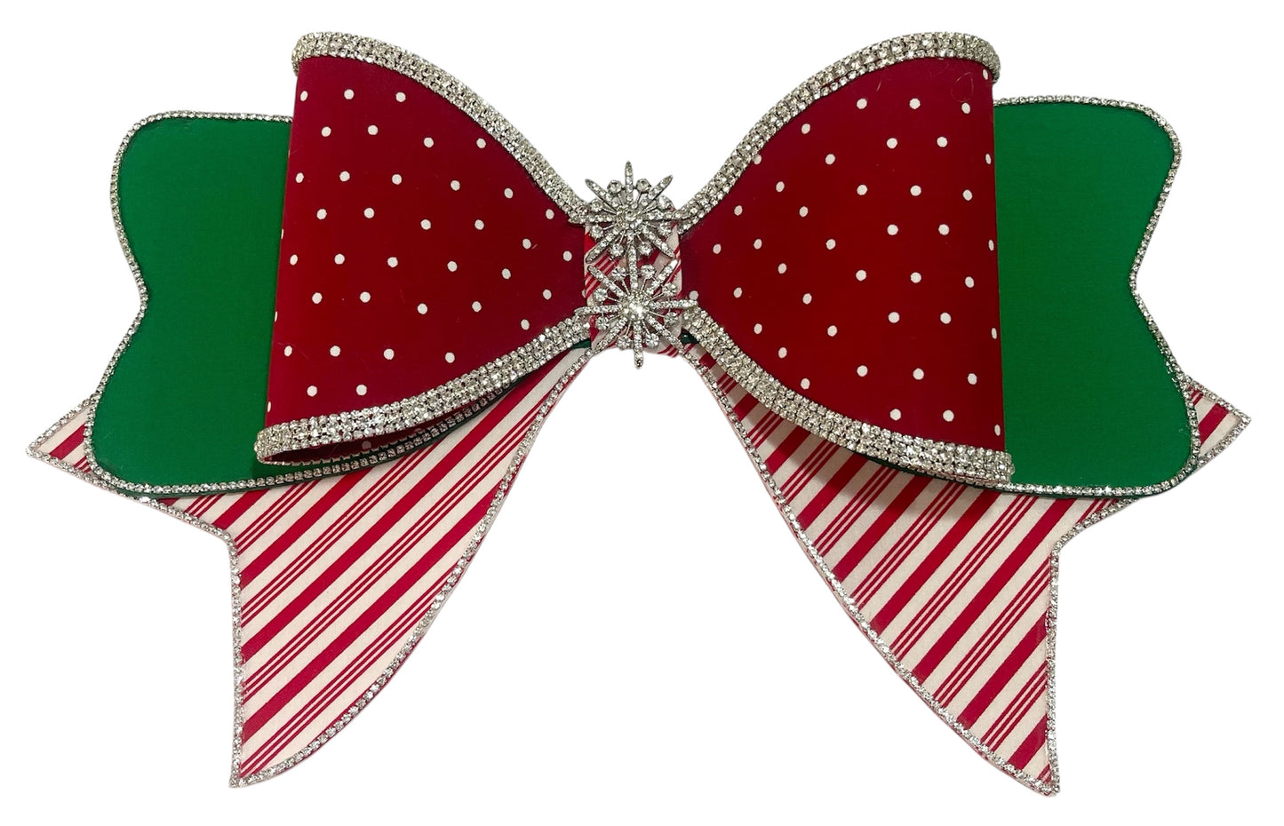 Designer Christmas Bow – Red & Green with Rhinestone Snowflake Brooch – Holiday Décor Gift